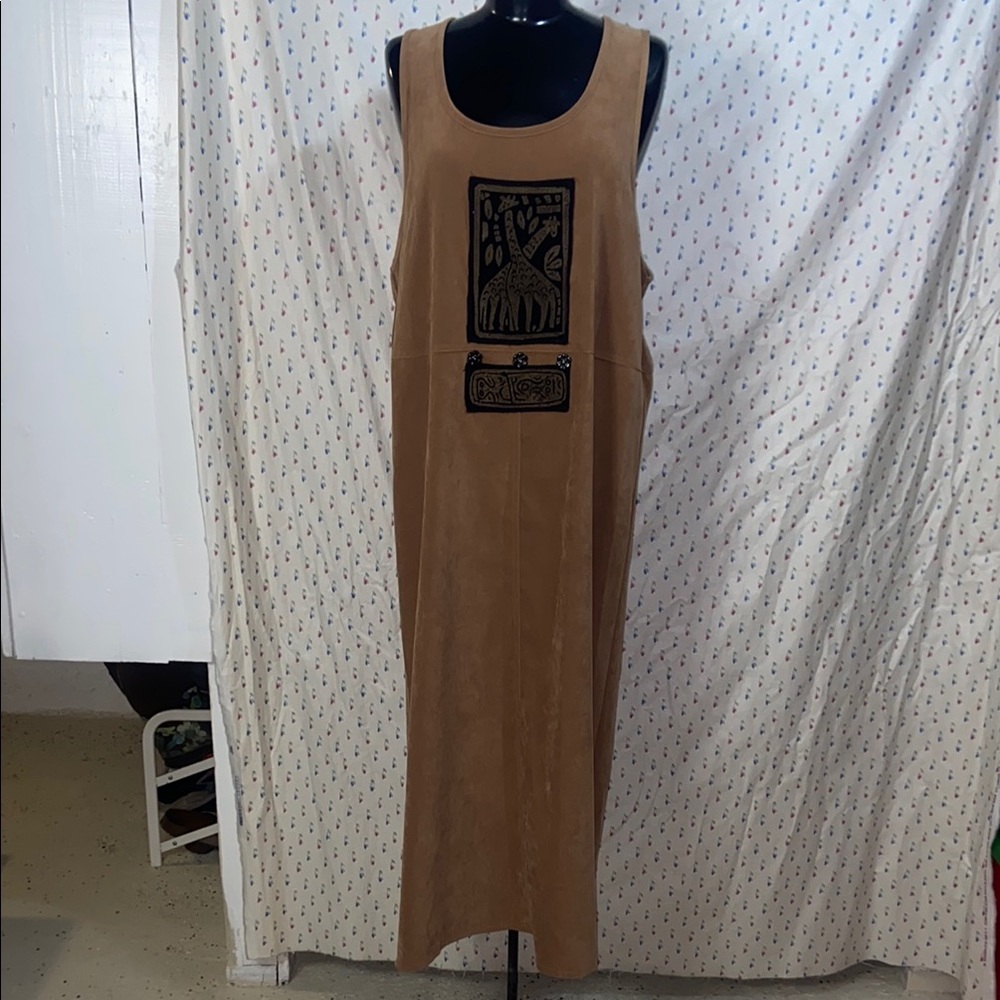 Nina Picalino Vintage Elegant Tan Sleeveless Maxi Dress Giraffe African Design